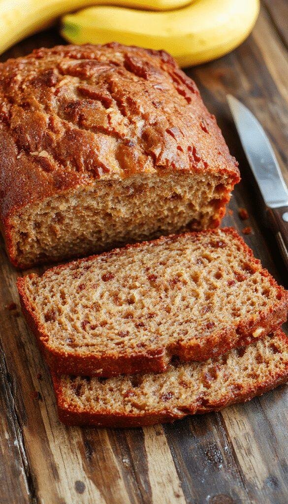 A slice of moist banana bread topped with banana slices and walnuts on a rustic wooden plate.