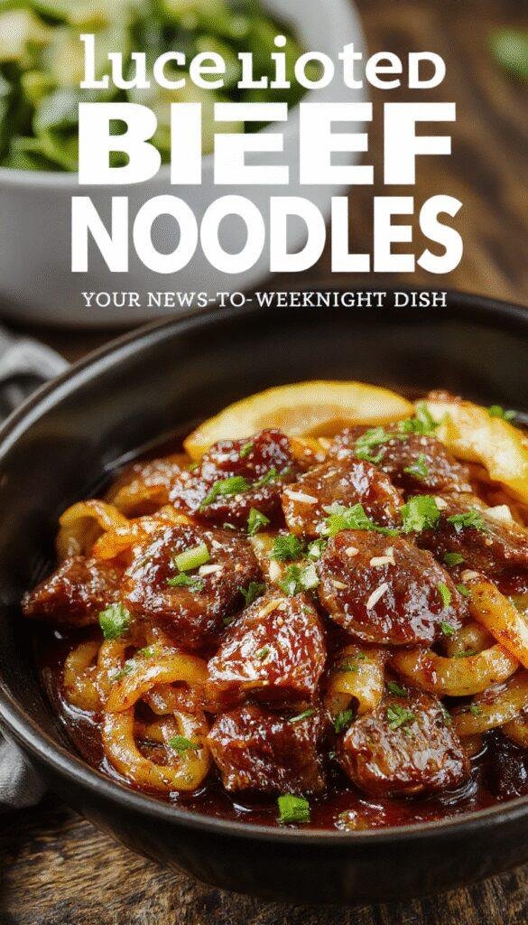 A bowl of Luscious Glazed Beef Noodles featuring tender beef slices, glossy glaze, and vibrant vegetables on a rustic wooden table