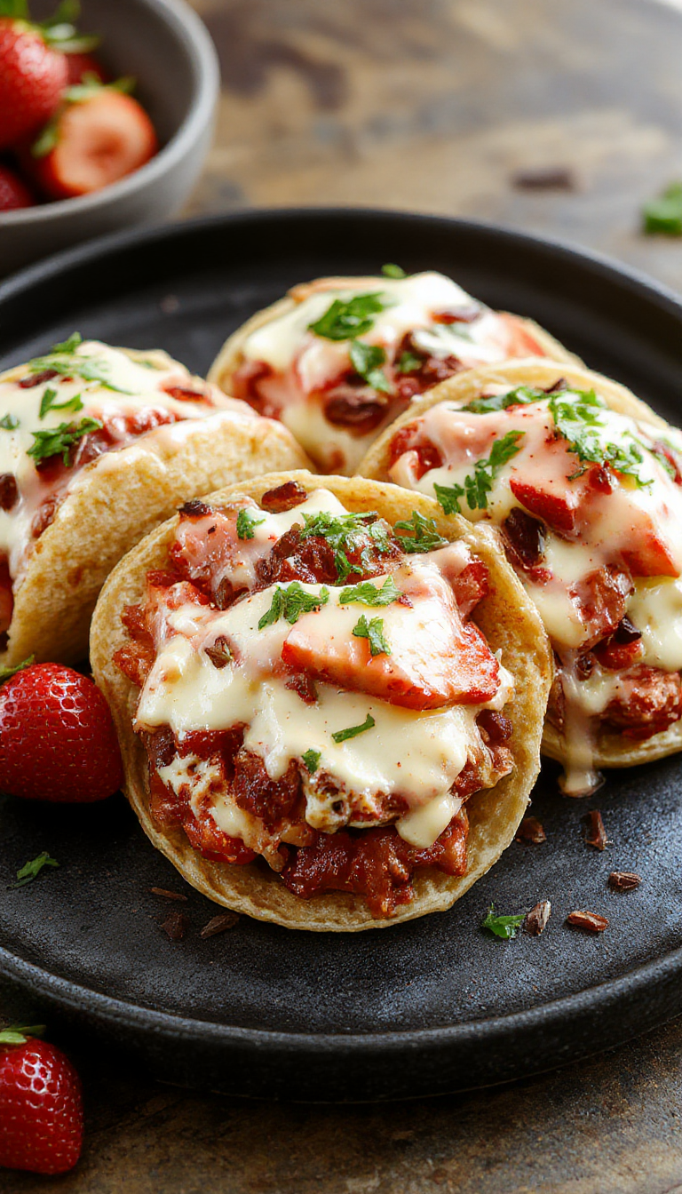 A close-up of strawberry cheesecake tacos with creamy filling, fresh strawberries, and a crispy taco shell drizzled with chocolate