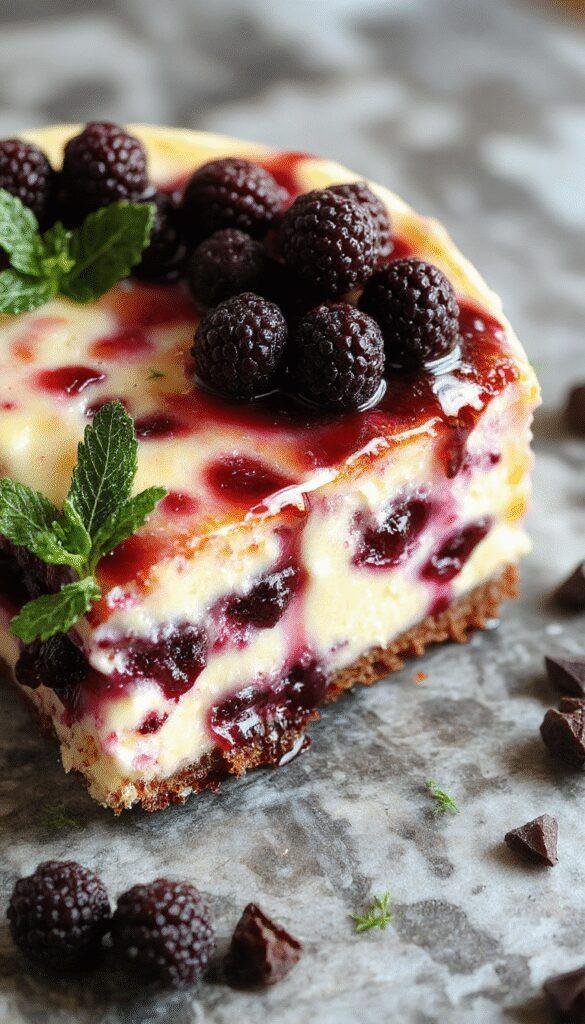 A stunning slice of Magical Midnight Blueberry Cheesecake with a deep blue hue, topped with fresh blueberries and a sprig of mint, set on a elegant plate.