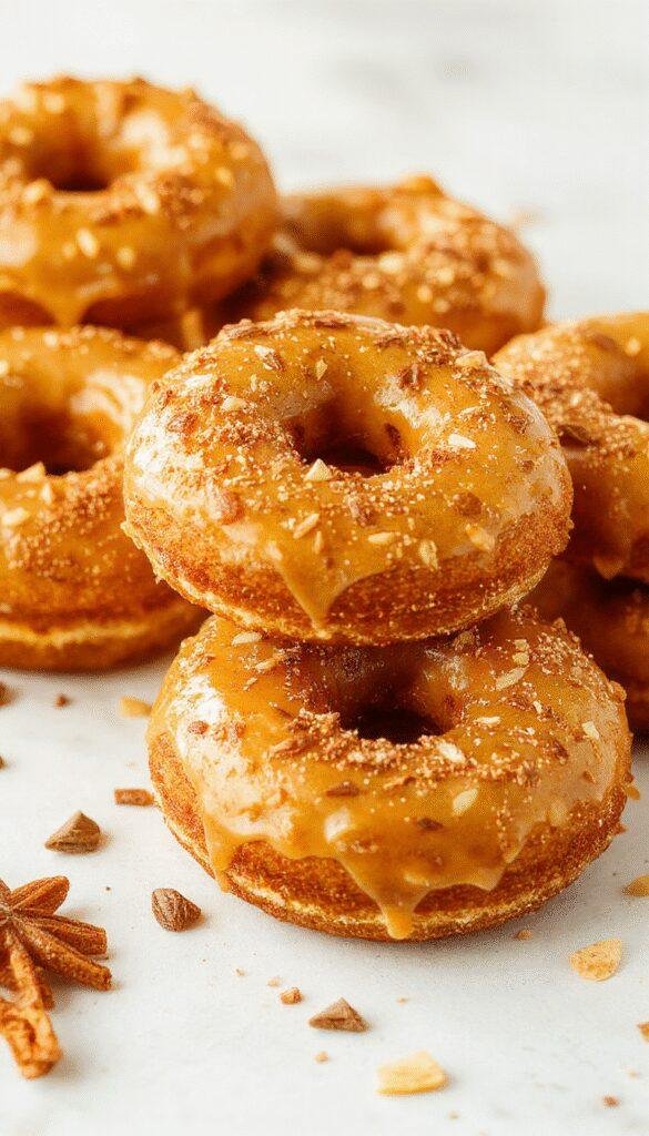 Golden-brown maple-kissed pumpkin donuts dusted with powdered sugar, arranged on a rustic plate with autumn leaves in the background.