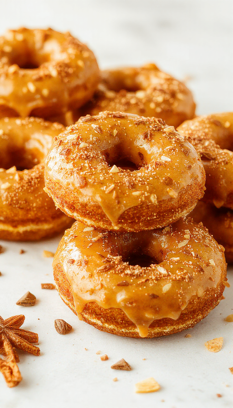 Golden-brown maple-kissed pumpkin donuts dusted with powdered sugar, arranged on a rustic plate with autumn leaves in the background.