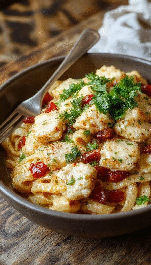 Colorful Mediterranean Chicken Pasta salad with grilled chicken, cherry tomatoes, black olives, cucumbers, and fresh herbs served in a vibrant bowl.