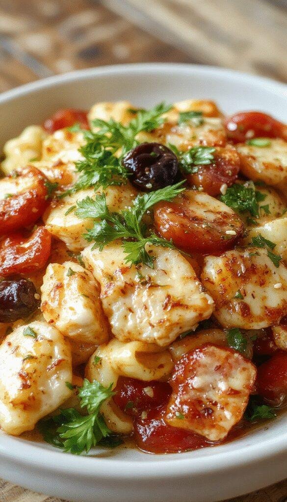 A vibrant plate of Mediterranean chicken pasta salad featuring colorful vegetables, grilled chicken slices, and a sprinkle of herbs, served chilled on a white plate.