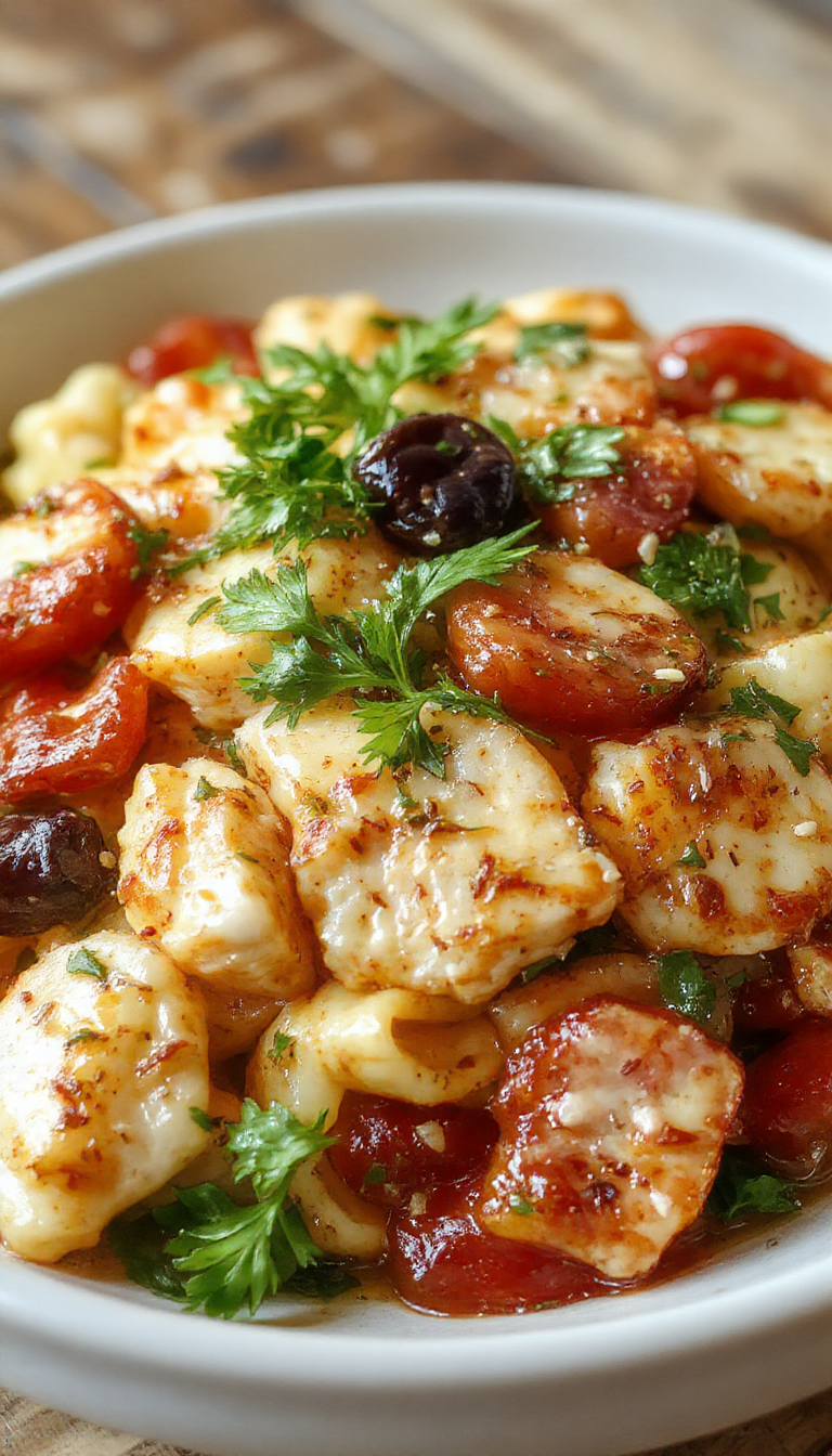 A vibrant plate of Mediterranean chicken pasta salad featuring colorful vegetables, grilled chicken slices, and a sprinkle of herbs, served chilled on a white plate.