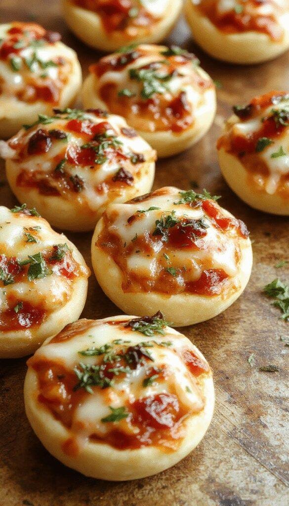 Close-up of mini pizza bites topped with melted cheese, pepperoni, and fresh herbs on a wooden platter