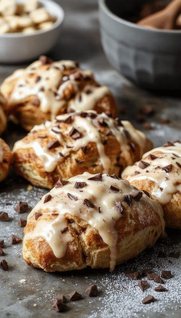 A freshly baked chocolate croissant on a rustic wooden table, with flaky golden layers and melted chocolate oozing at the edges.