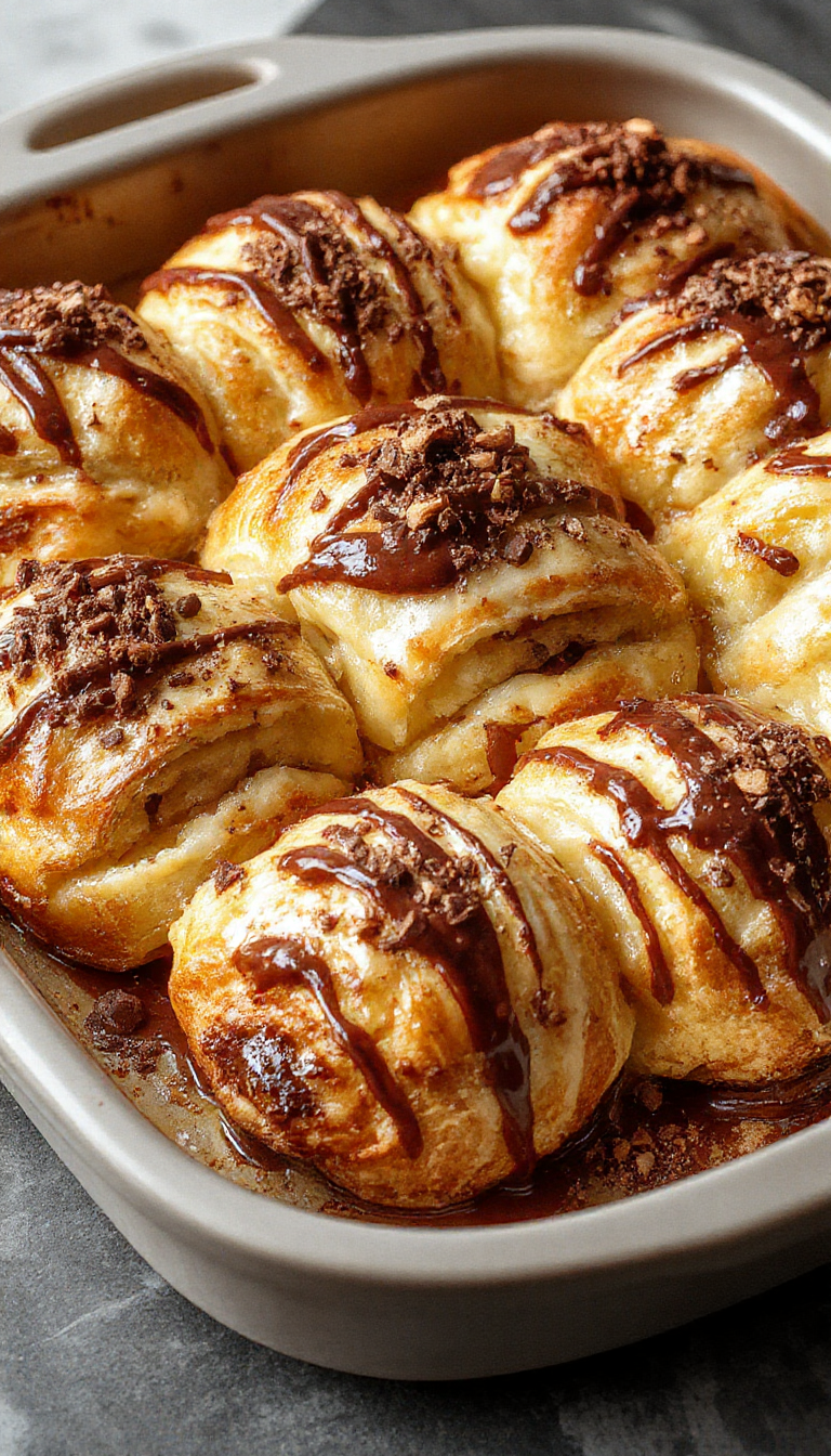 A freshly baked chocolate croissant bake in a glass dish, showing flaky layers filled with melted chocolate and a golden crust.