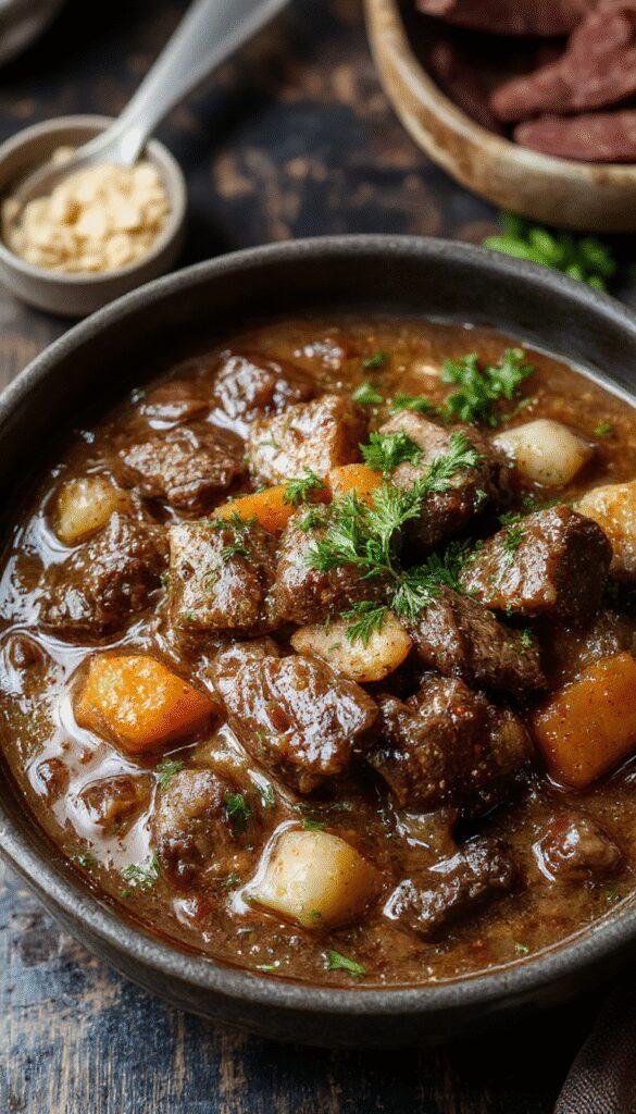 A steaming bowl of Mystical Beef Stew garnished with fresh herbs, surrounded by rustic bread and vibrant vegetables, set on a wooden table.