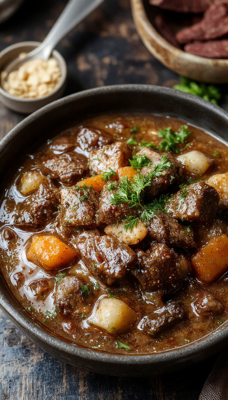 A steaming bowl of Mystical Beef Stew garnished with fresh herbs, surrounded by rustic bread and vibrant vegetables, set on a wooden table.