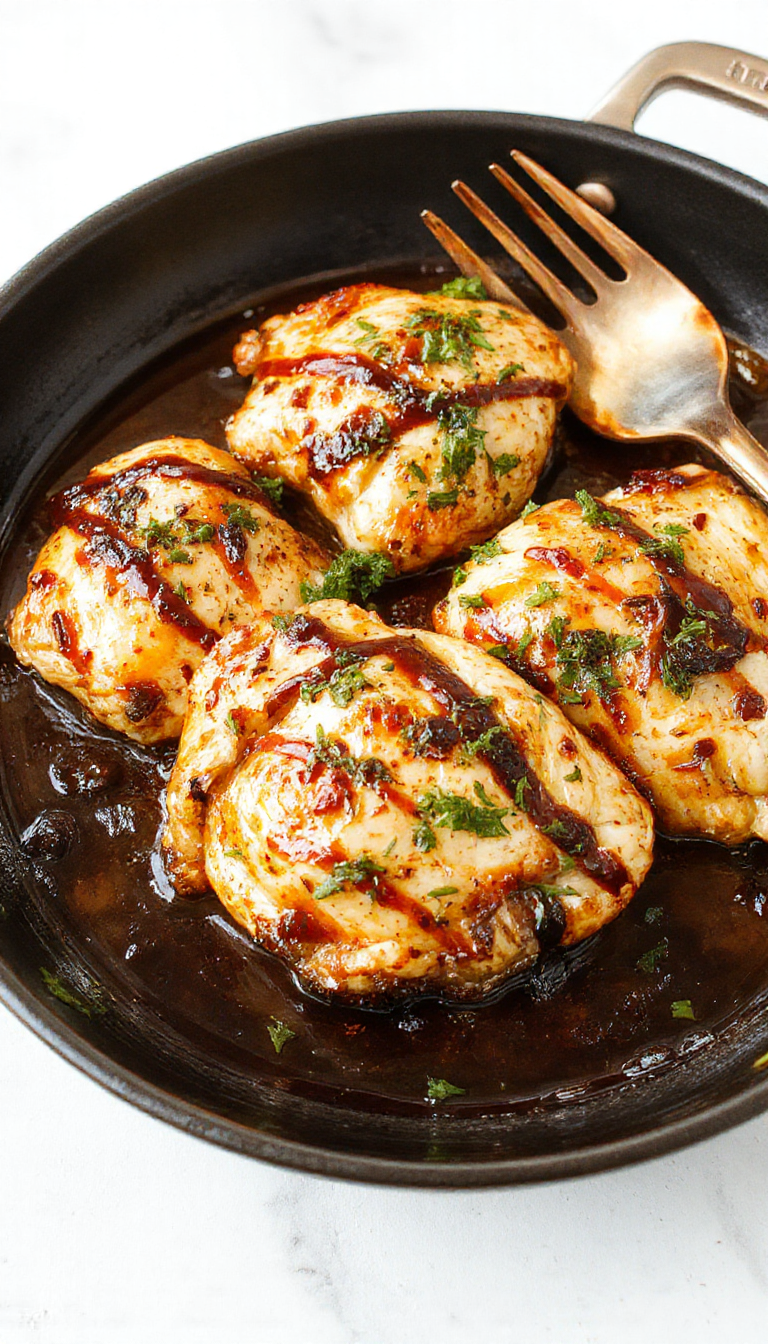 Juicy balsamic chicken cooking in a skillet with caramelized onions and fresh herbs, served on a rustic plate.