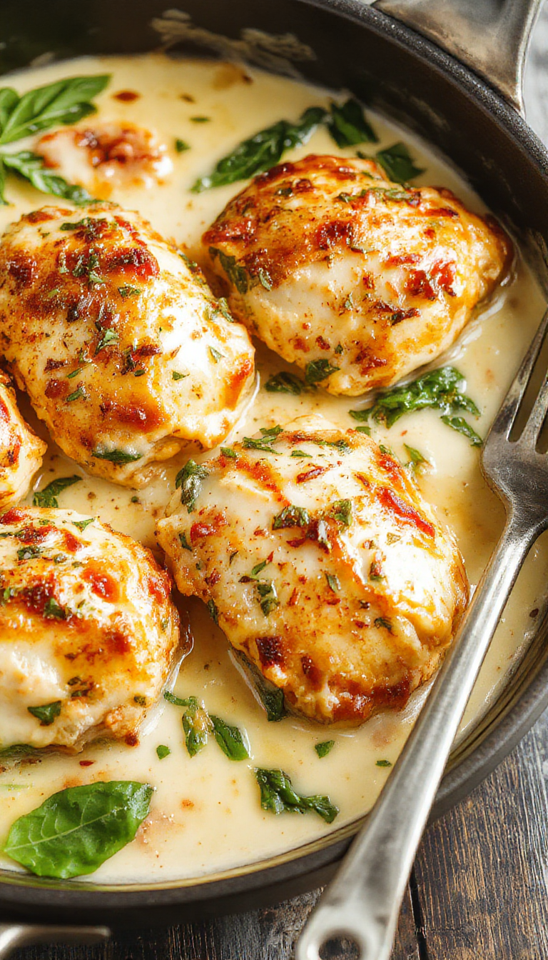 A sizzling skillet of One-Pan Creamy Spinach Chicken garnished with fresh herbs, showcasing tender chicken breasts in a rich, velvety spinach sauce.