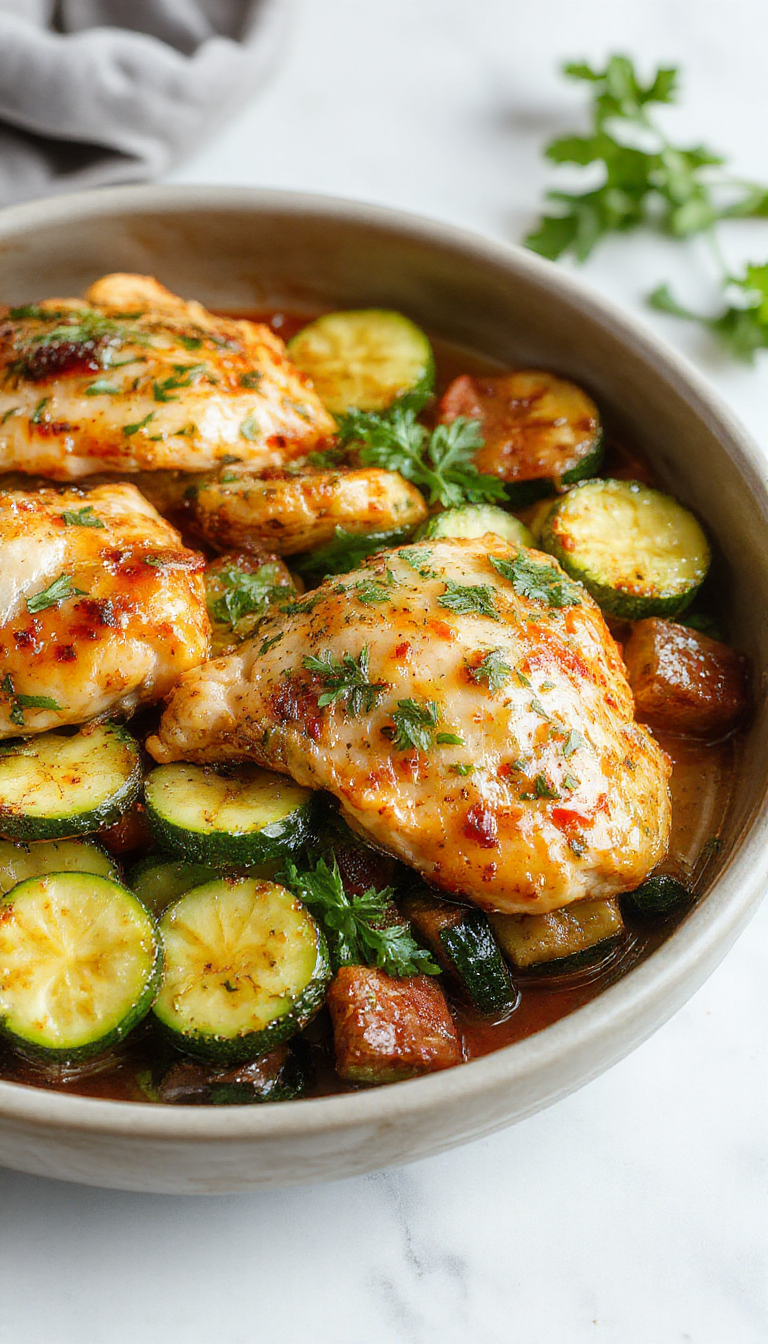 A vibrant plate of One-Pan Mediterranean Chicken and Zucchini with fresh herbs, cherry tomatoes, and lemon slices on a rustic wooden table.
