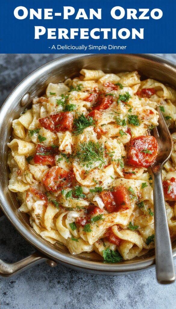 A colorful plate of One-Pan Orzo Perfection featuring golden, perfectly cooked orzo mixed with fresh vegetables and herbs on a rustic wooden table.