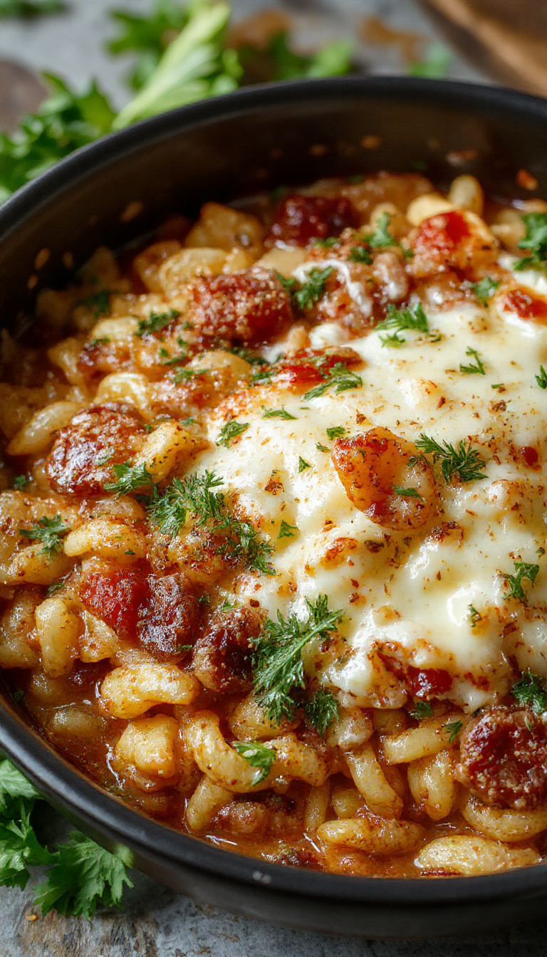 A steaming bowl of One-Pot Cheesy Orzo topped with melted cheese and fresh herbs, served in a rustic ceramic bowl.