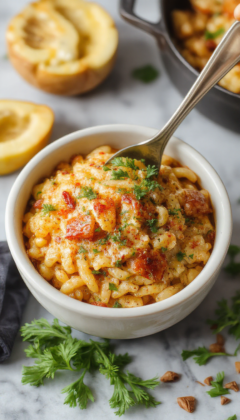A vibrant one-pot orzo dish served in a rustic ceramic bowl, garnished with fresh herbs and lemon wedges, steam rising from the warm pasta.