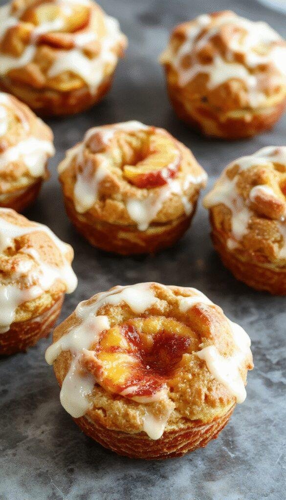 A close-up of Peach Pie Cruffins displaying flaky pastry cruffles filled with juicy peach slices and golden glaze.