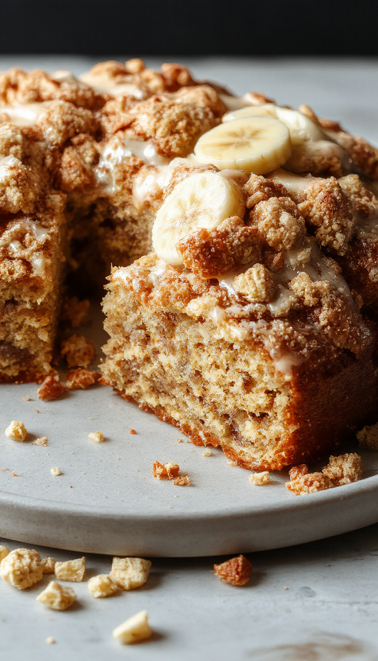 A slice of homemade banana crumb cake on a plate with a golden crumb topping and ripe bananas in the background