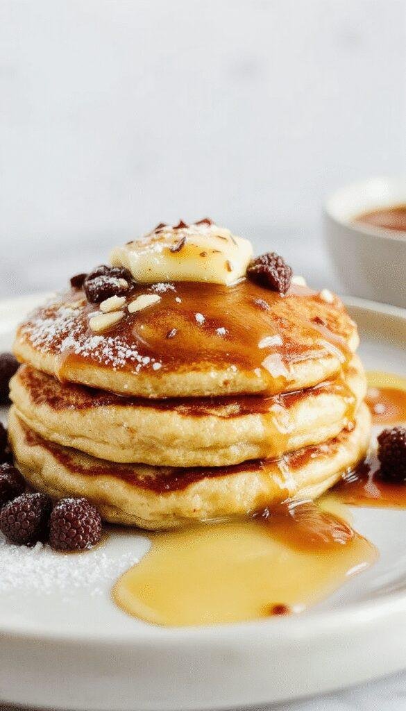 A stack of fluffy Pillowy Paradise Pancakes topped with fresh berries and drizzled with syrup on a rustic plate.
