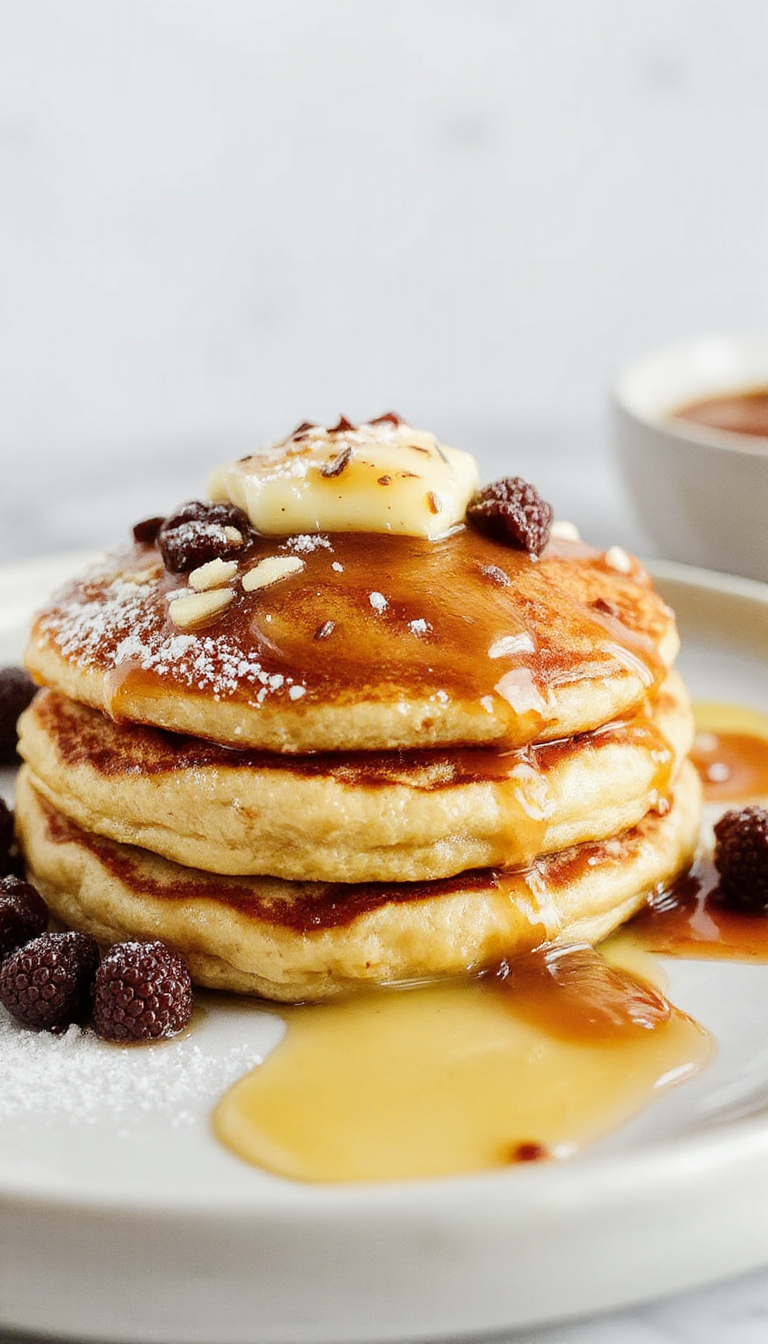 A stack of fluffy Pillowy Paradise Pancakes topped with fresh berries and drizzled with syrup on a rustic plate.
