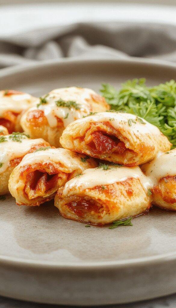 Close-up of crispy pepperoni pizza rolls filled with melted cheese and toppings, arranged on a plate ready to serve.