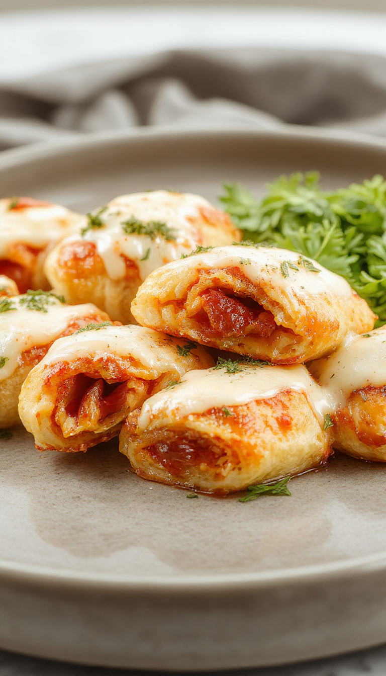 Close-up of crispy pepperoni pizza rolls filled with melted cheese and toppings, arranged on a plate ready to serve.