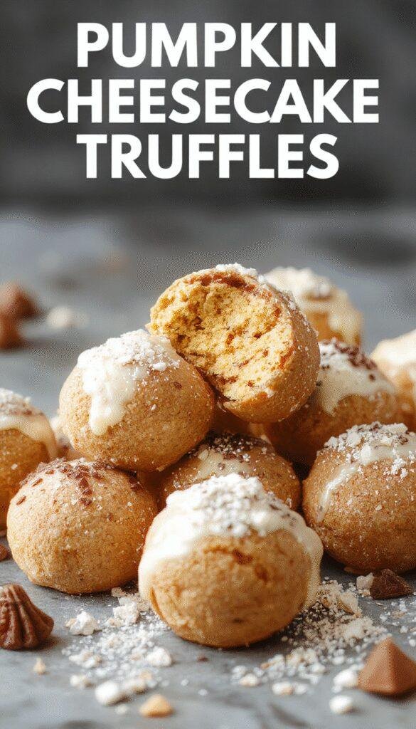 Delicious pumpkin cheesecake truffles coated in chocolate with a sprinkle of cinnamon, arranged on a festive plate.