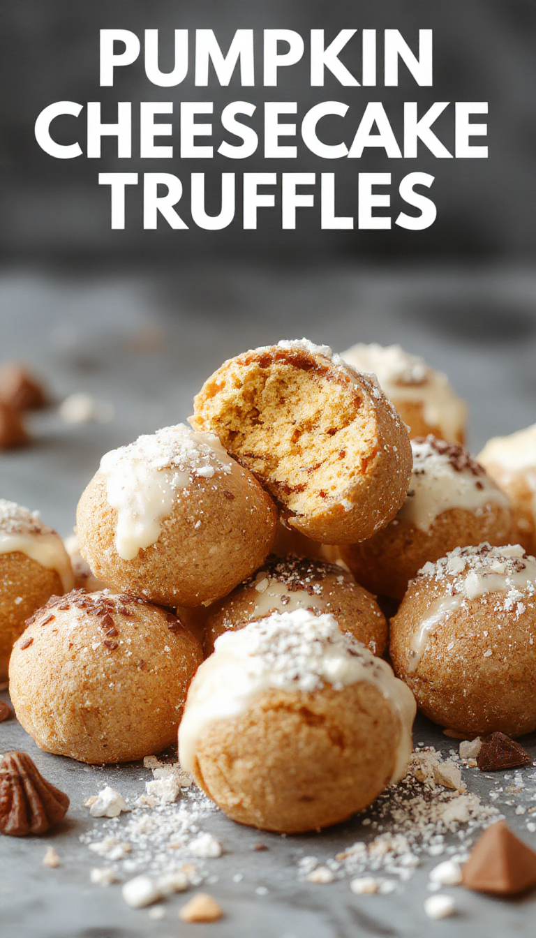 Delicious pumpkin cheesecake truffles coated in chocolate with a sprinkle of cinnamon, arranged on a festive plate.