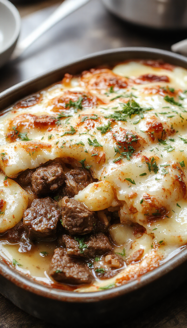 A hearty beef and potato bake in a rustic casserole dish, topped with melted cheese and fresh herbs, ready to serve.