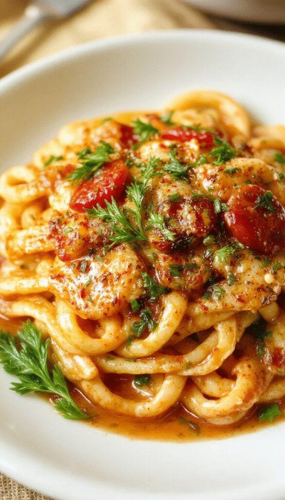 A plate of quick & creamy tomato pasta topped with fresh basil, served on a rustic wooden table with a fork twirling the pasta.