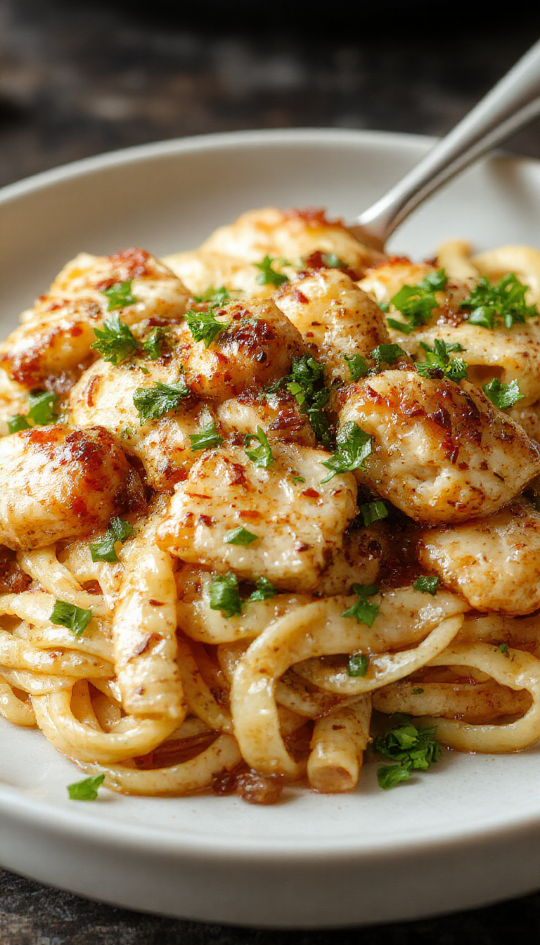 A vibrant plate of Honey Pepper Chicken Pasta garnished with fresh herbs, showcasing tender chicken pieces, pasta, and a glossy honey-pepper sauce.