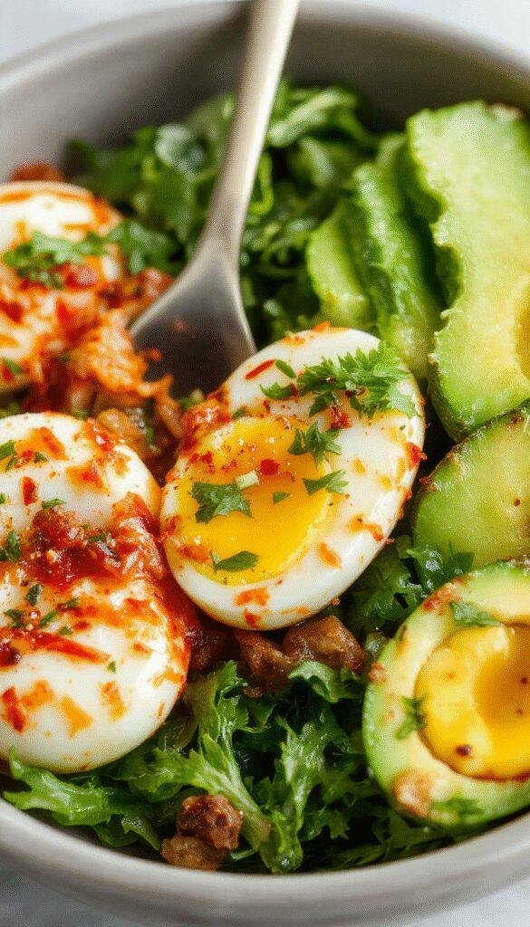 A colorful low-carb egg roll bowl with shredded vegetables, sliced chicken, and a drizzle of sauce, served in a bowl on a wooden table.