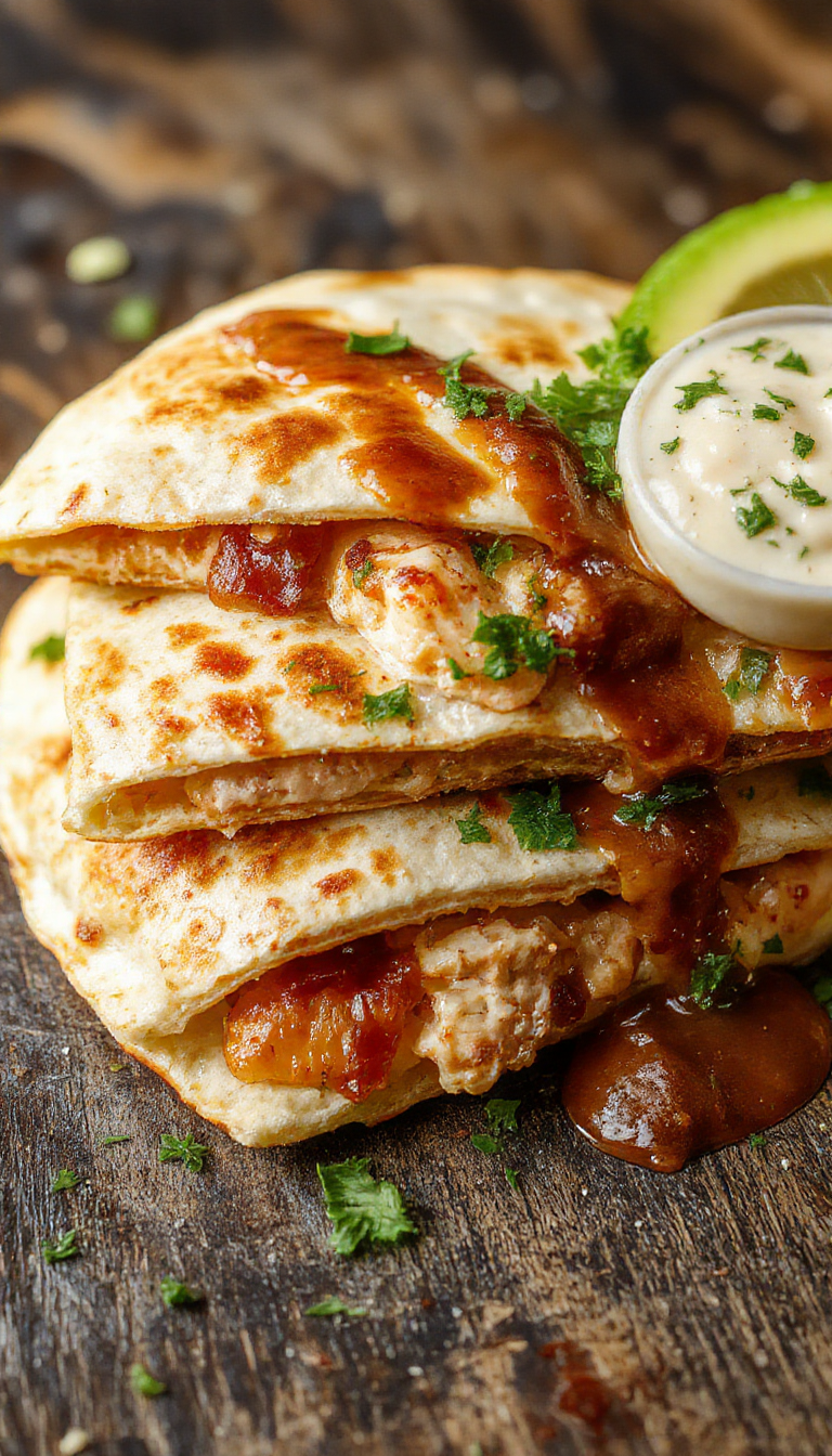 Golden-brown chicken bacon ranch quesadillas sliced open, showing melted cheese, crispy bacon, and tender chicken inside.