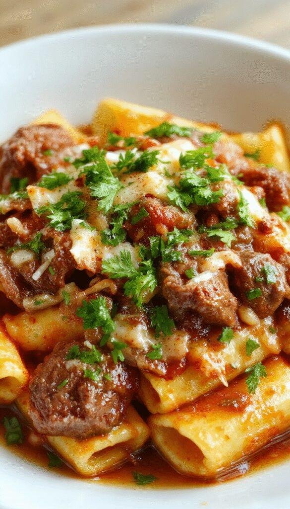 A plate of Romantic Rigatoni topped with tender beef chunks, melted parmesan cheese, and fresh herbs, served on a rustic wooden table.