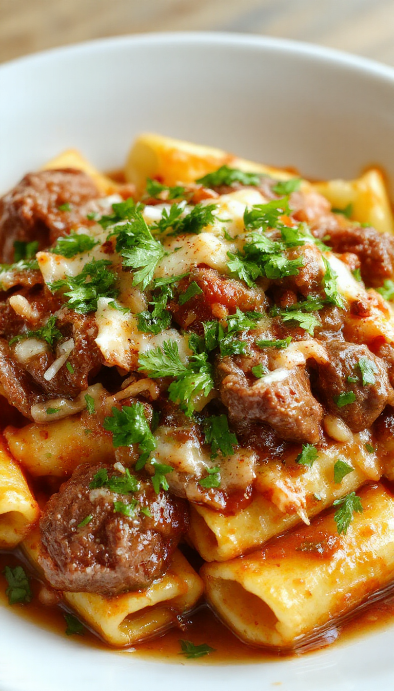 A plate of Romantic Rigatoni topped with tender beef chunks, melted parmesan cheese, and fresh herbs, served on a rustic wooden table.