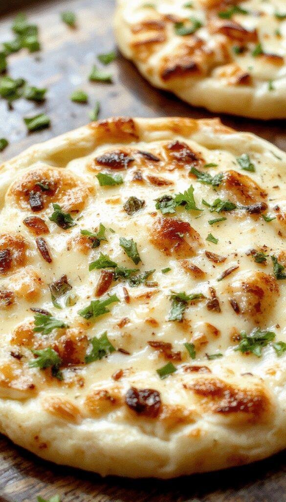 A crispy, golden high-protein flatbread topped with fresh herbs and vegetables, served on a rustic wooden table.