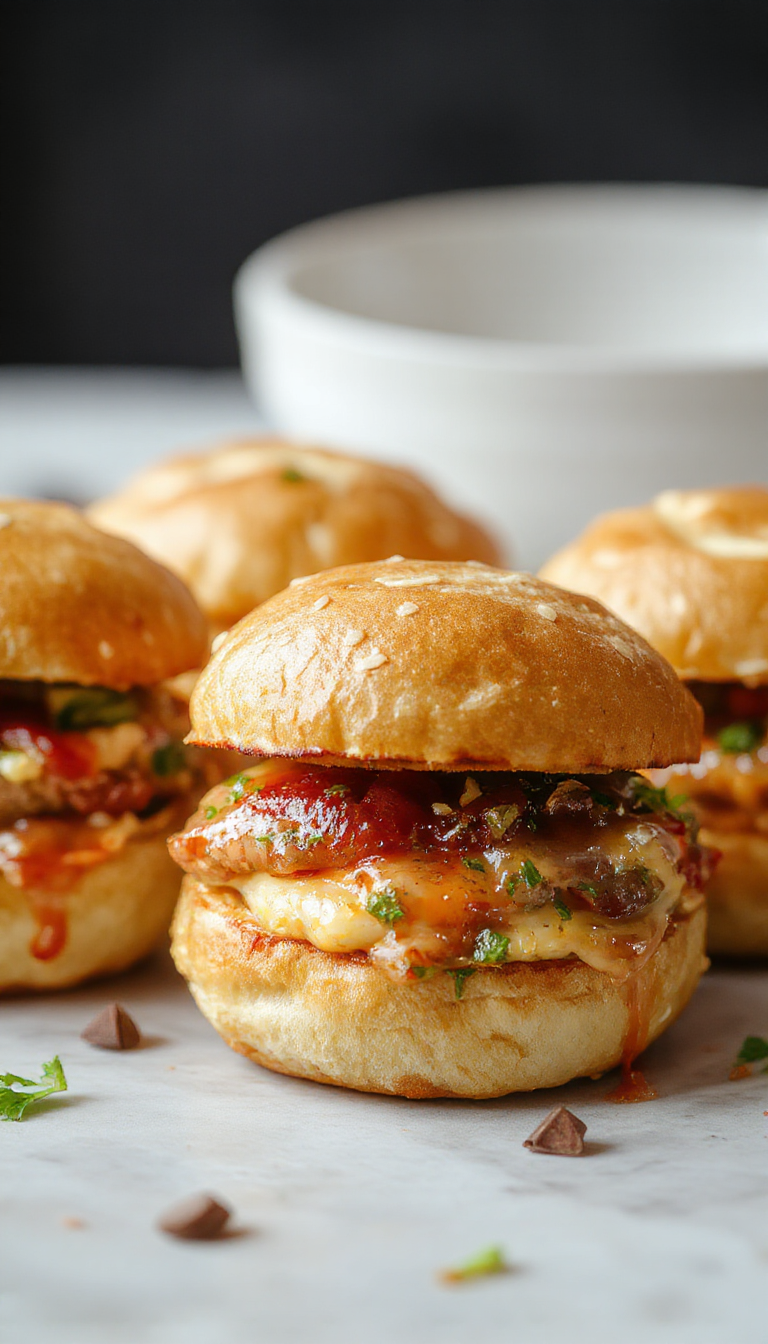 A close-up of savory breakfast sliders with fluffy eggs, melted cheese, crispy bacon, all stacked in mini buns garnished with fresh herbs.