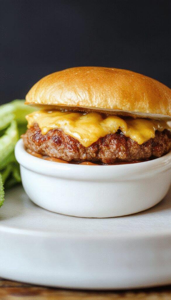 A delicious low-carb cheeseburger bake topped with melted cheese, fresh vegetables, and crispy bacon slices in a baking dish.