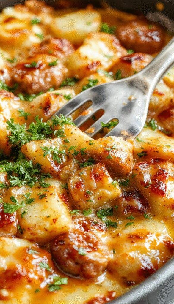 A delicious baked casserole featuring sliced smoked sausage, roasted potatoes, and creamy ranch sauce garnished with herbs.