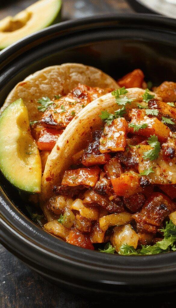 Colorful plates of slow cooker fajitas with sizzling steak, bell peppers, onions, and warm tortillas ready to serve for a tasty weeknight meal.