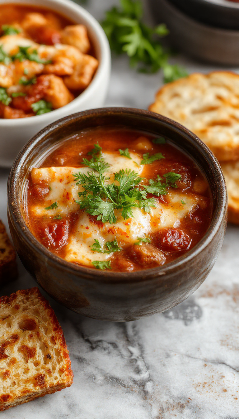 A warm bowl of Slow Cooker Lasagna Soup filled with layers of melted cheese, rich tomato broth, and tender pasta garnished with fresh herbs.