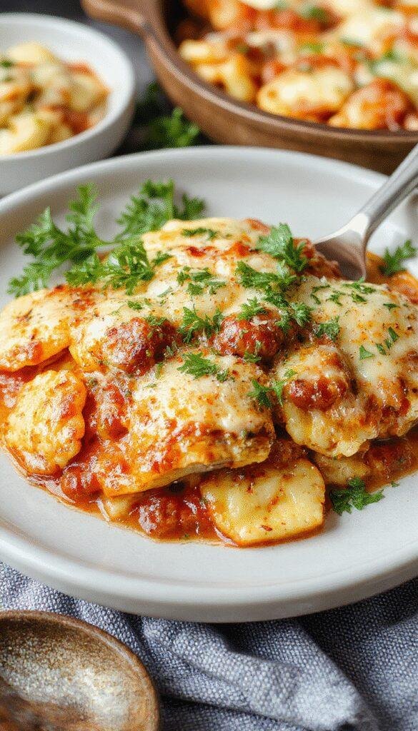 A comforting plate of cheesy ravioli lasagna served in a rustic dish, featuring layers of pasta, melted cheese, and rich sauce