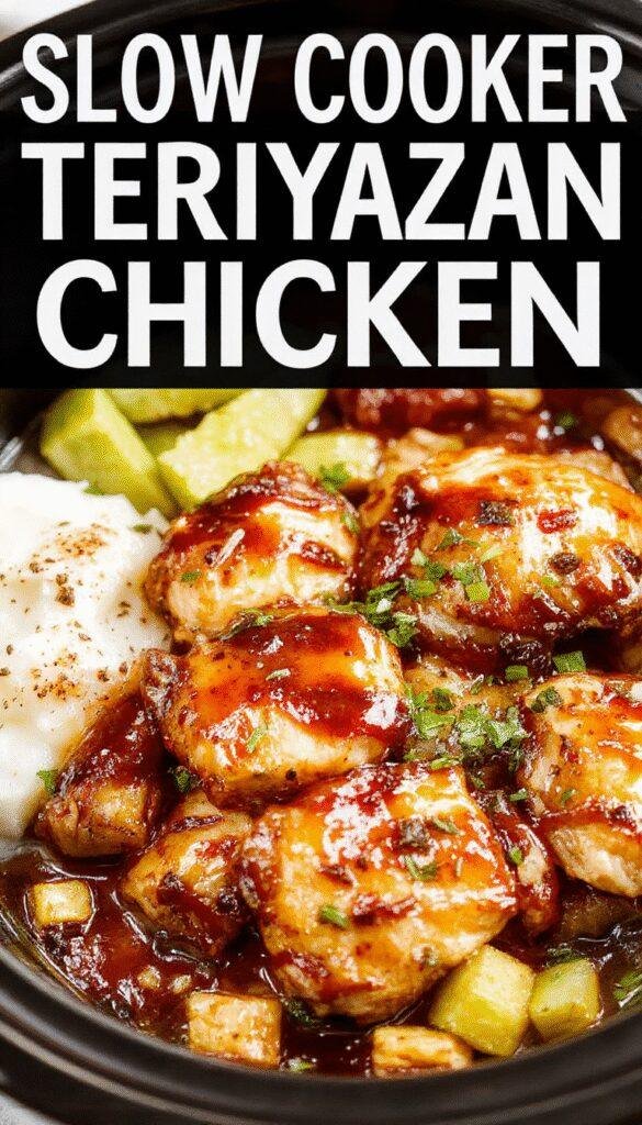 Juicy slow cooker teriyaki chicken served on a plate with steamed rice and colorful vegetables