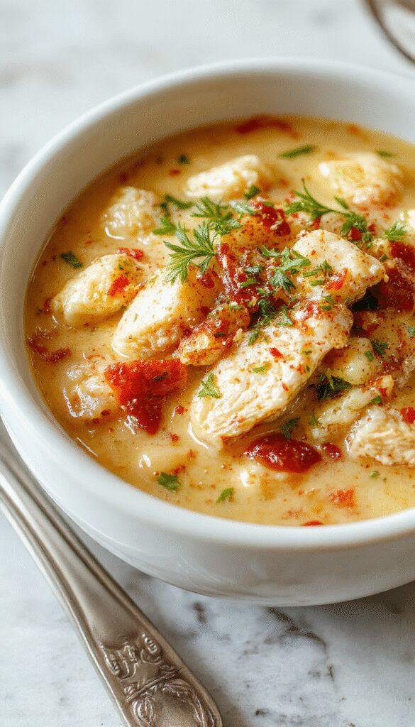 A warm bowl of slow cooker white chicken chili garnished with fresh cilantro and lime, served with crusty bread on a rustic table.