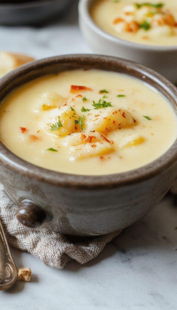 A steaming bowl of velvety potato and cheese soup garnished with chopped herbs and a drizzle of cream, served in a rustic ceramic bowl.