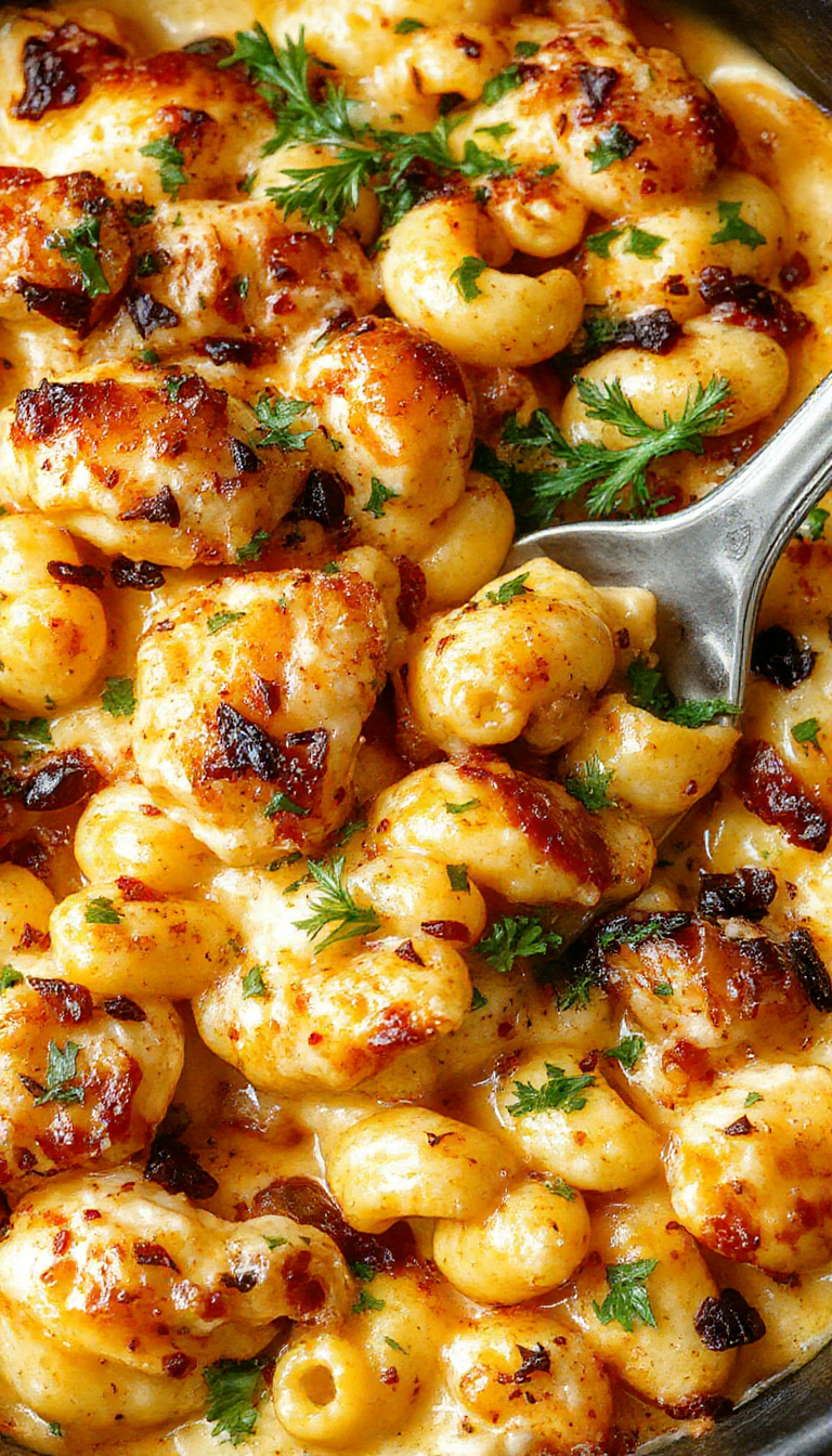 A creamy baked macaroni and cheese topped with smoky, tangy grilled chicken pieces and a golden crust, inviting comfort food scene.
