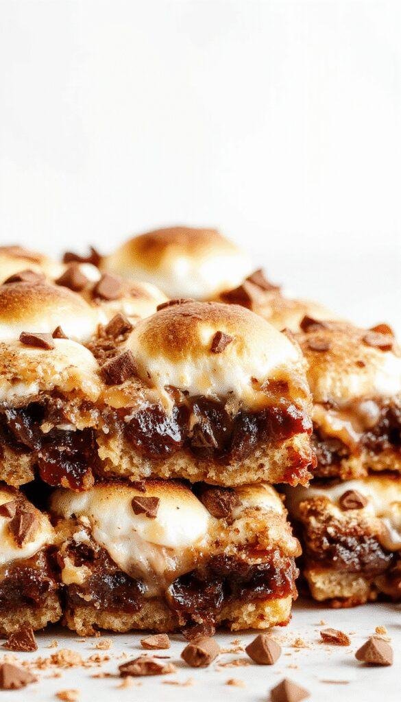 A plate of gooey S'mores Bars with graham cracker crust, melted chocolate, and toasted marshmallows on top.