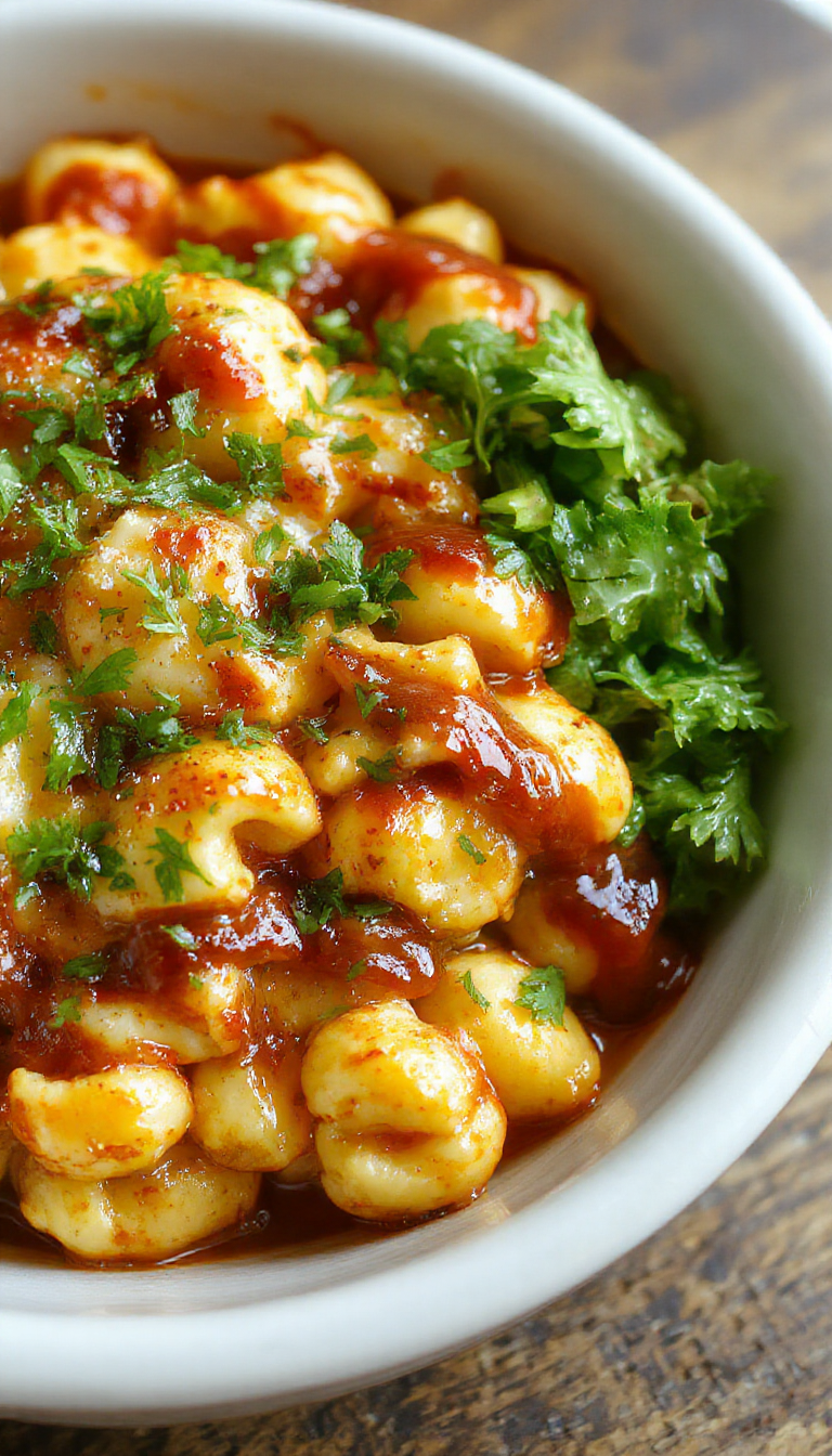 A creamy bowl of Southern BBQ Mac & Cheese Fusion topped with shredded chicken and zesty barbecue sauce, garnished with chopped herbs.