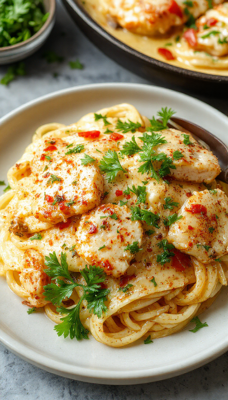 A serving plate of Southern Chicken Spaghetti topped with melted cheese and fresh herbs, surrounded by a bowl of crispy bread crumbs.