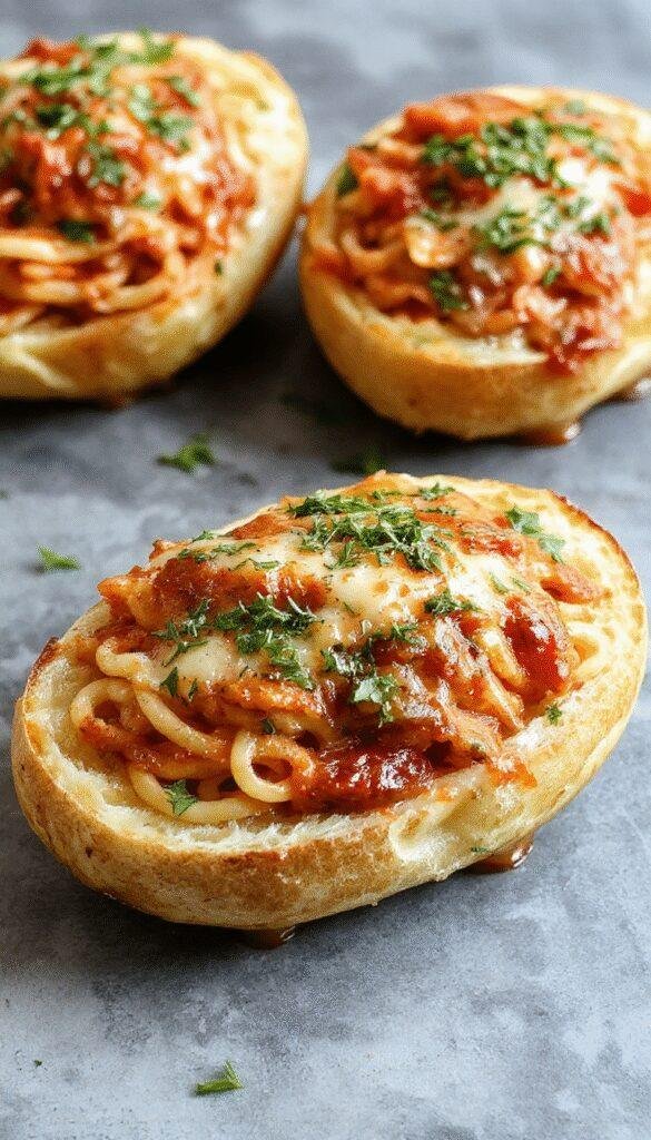 A plate of spaghetti served in edible garlic bread boat shells, garnished with herbs and grated cheese, alongside crispy garlic bread slices.